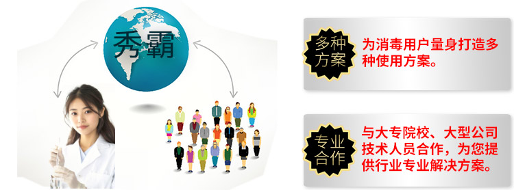 秀霸為消毒用戶量身打造多種使用方案。山東華實藥業(yè)與大專院校、大型公司技術(shù)人員合作，為您提供行業(yè)專業(yè)解決方案。